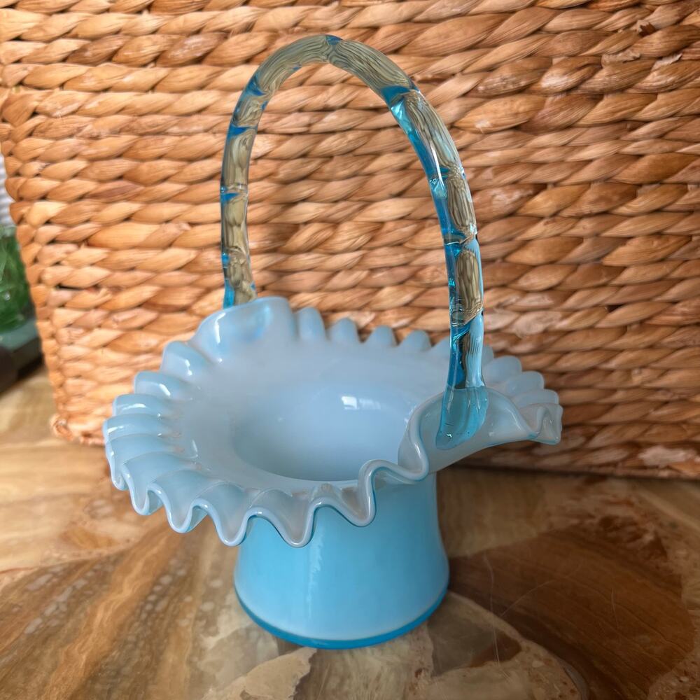 Fenton Ruffled Handled Blue Basket